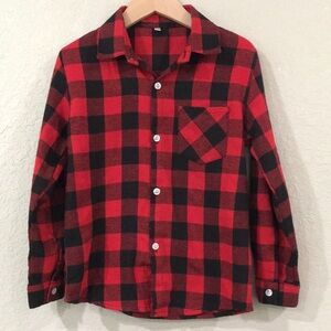 Boys‎ Sz 5/6 Shirt Flannel Button Red and Black Buffalo Plaid Checks 100% Cotton